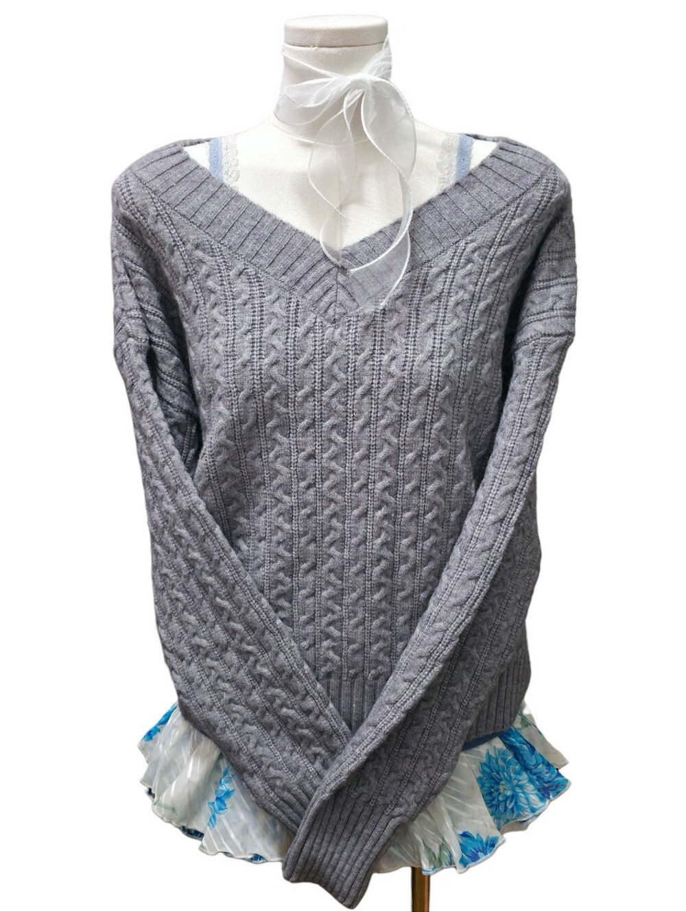 SIX/FIFTY dark Grey cable knit oversized vneck sweater